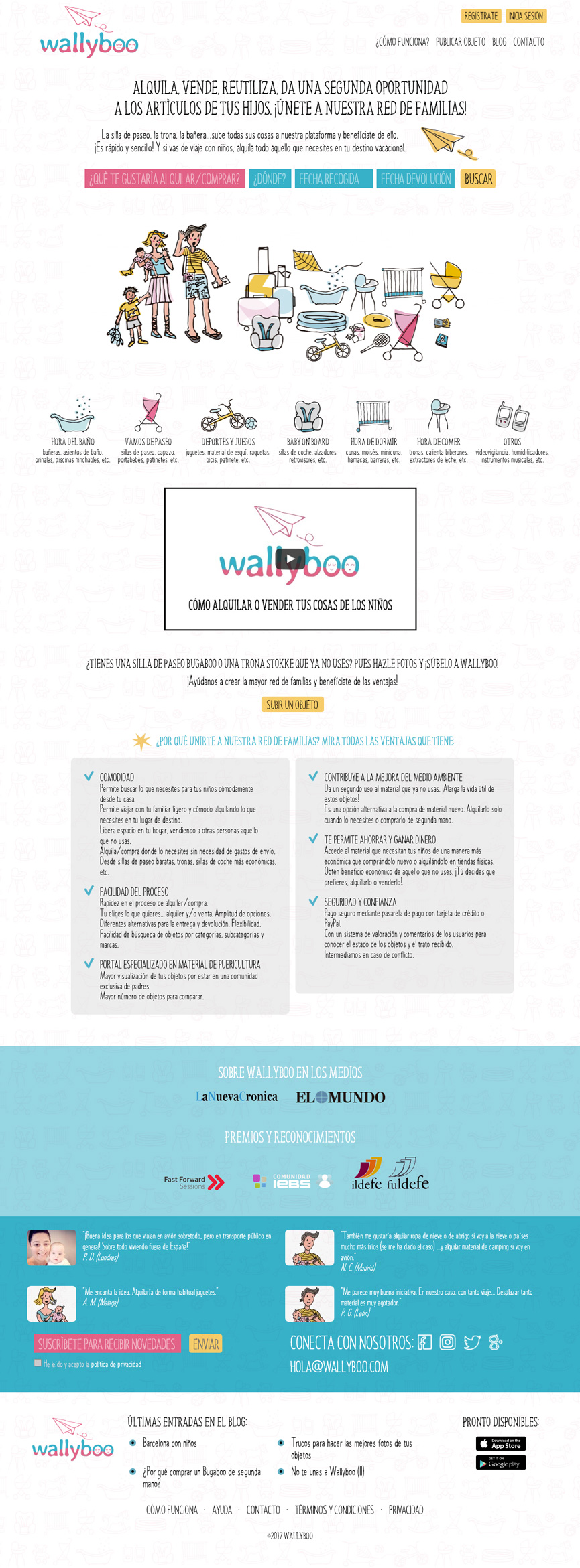 Página princial de wallyboo. Plataforma para el alquiler y venta de objetos de segunda mano de niños y bebés