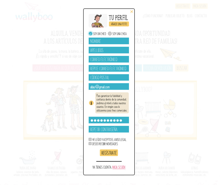 Registro de usuarios wallyboo. Plataforma para el alquiler y venta de objetos de segunda mano de niños y bebés